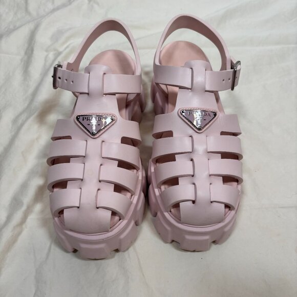 Prada Womens Monolith Rubber Cage Sandals Baby Pink Platform Slingback Size 38 - Picture 2 of 10